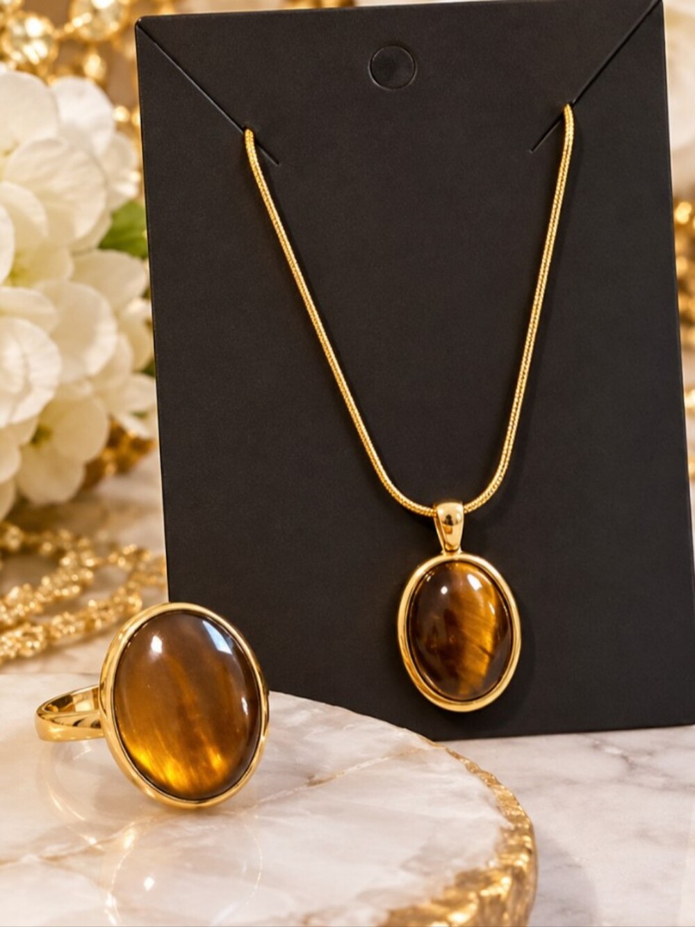 ❤️Tiger's Eye Oval Pendant Necklace & Matching Ring Set Size 7 | Luxe Jewelry✨